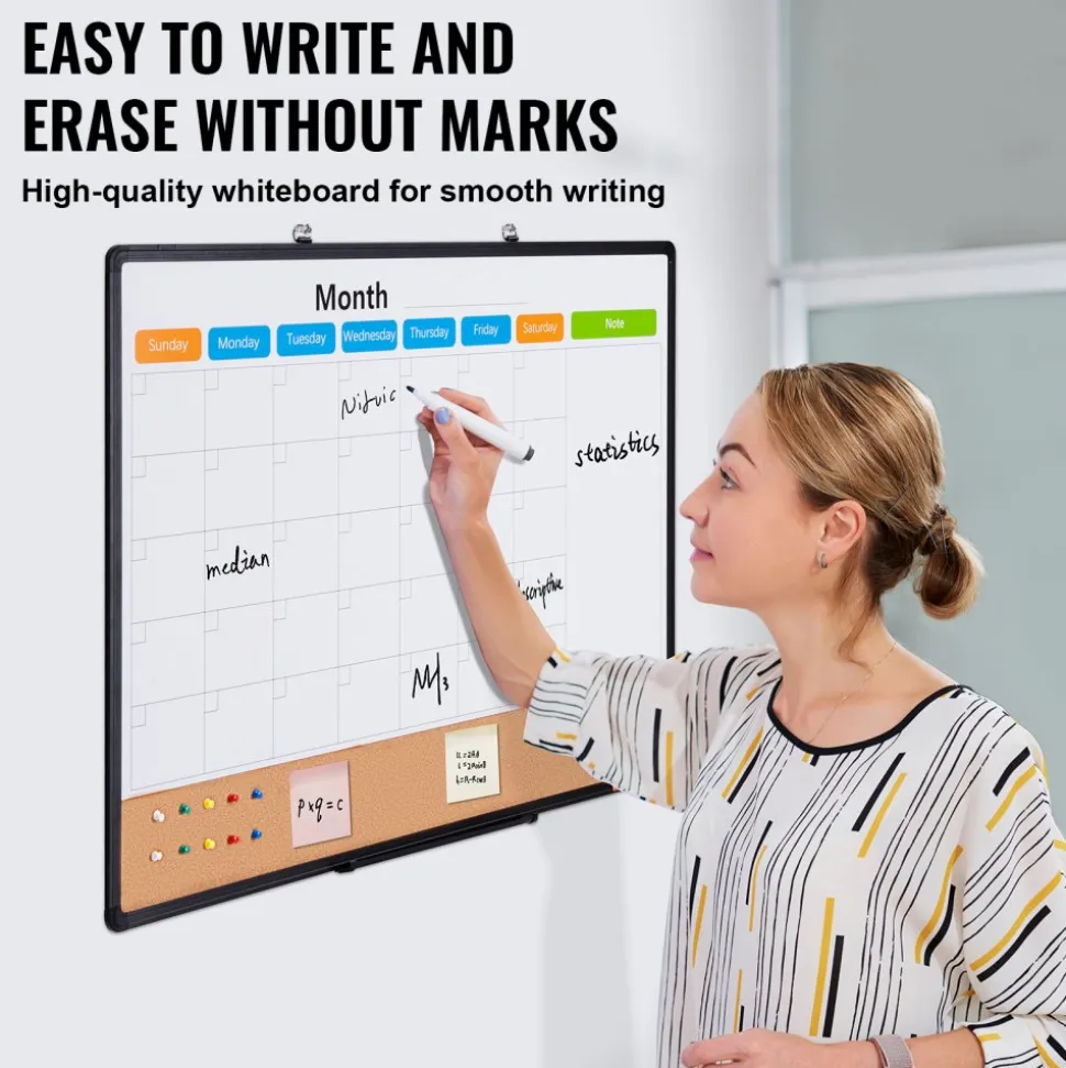 VEVOR 36"x 24" Monthly Calendar Whiteboard & Cork Board Combo with Aluminum Frame – 2-in-1 Magnetic Dry Erase Bulletin Board for Wall Mount – Ideal for School, Home, Office