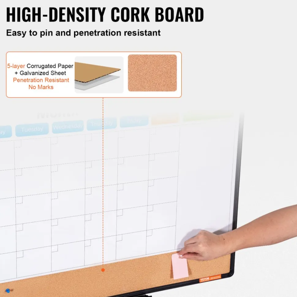 VEVOR 36"x 24" Monthly Calendar Whiteboard & Cork Board Combo with Aluminum Frame – 2-in-1 Magnetic Dry Erase Bulletin Board for Wall Mount – Ideal for School, Home, Office