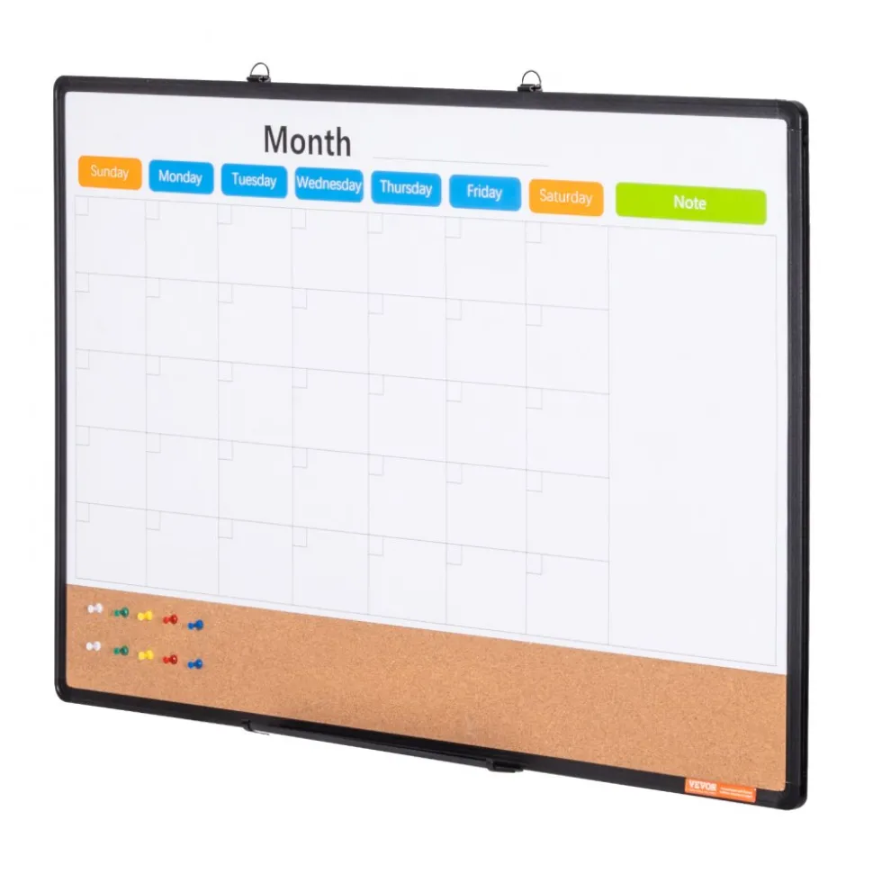 VEVOR 36"x 24" Monthly Calendar Whiteboard & Cork Board Combo with Aluminum Frame – 2-in-1 Magnetic Dry Erase Bulletin Board for Wall Mount – Ideal for School, Home, Office