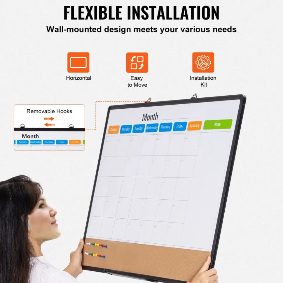 VEVOR 36"x 24" Monthly Calendar Whiteboard & Cork Board Combo with Aluminum Frame – 2-in-1 Magnetic Dry Erase Bulletin Board for Wall Mount – Ideal for School, Home, Office