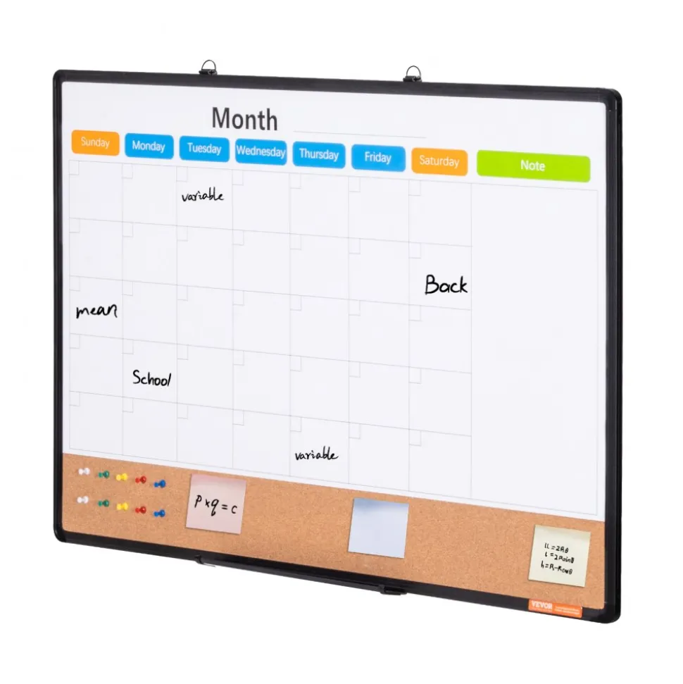 VEVOR 36"x 24" Monthly Calendar Whiteboard & Cork Board Combo with Aluminum Frame – 2-in-1 Magnetic Dry Erase Bulletin Board for Wall Mount – Ideal for School, Home, Office