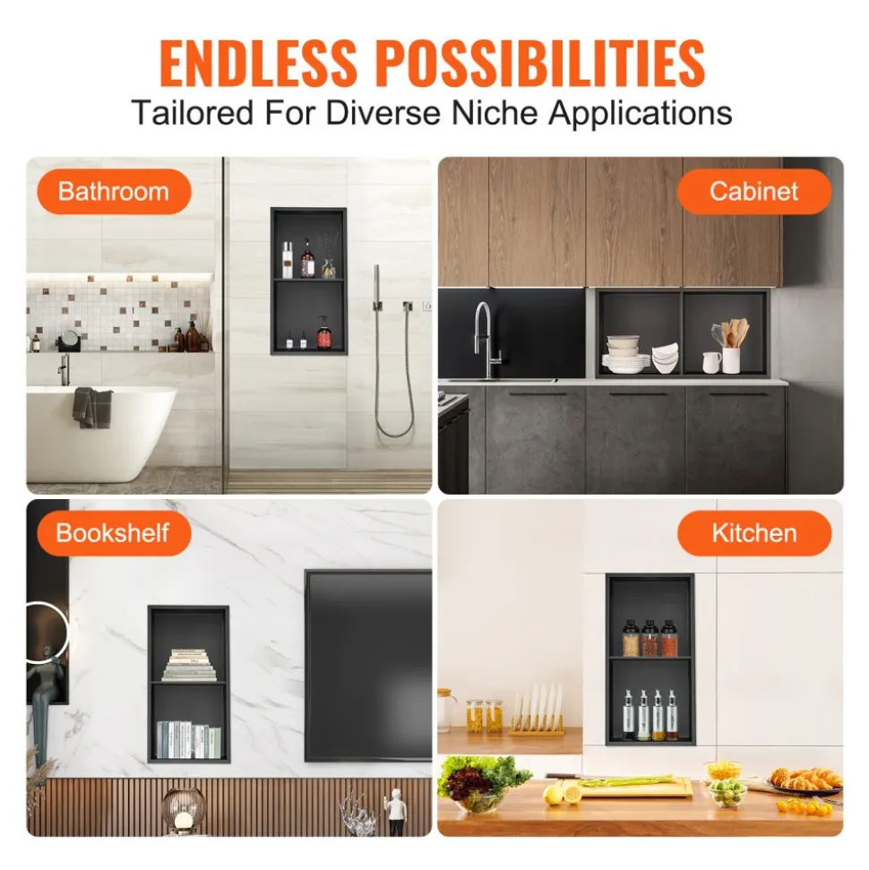 VEVOR 13"x25" No Tile Shower Niche 304 Stainless Steel, Wall-Inserted Niche Recessed Double Shelves, Sealed Waterproof Rust-Resistant Easy Cleaning Modern Niche for Shower or Soap Storage Bathroom