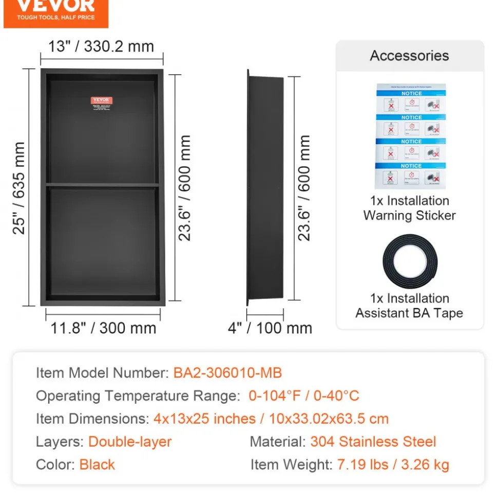 VEVOR 13"x25" No Tile Shower Niche 304 Stainless Steel, Wall-Inserted Niche Recessed Double Shelves, Sealed Waterproof Rust-Resistant Easy Cleaning Modern Niche for Shower or Soap Storage Bathroom