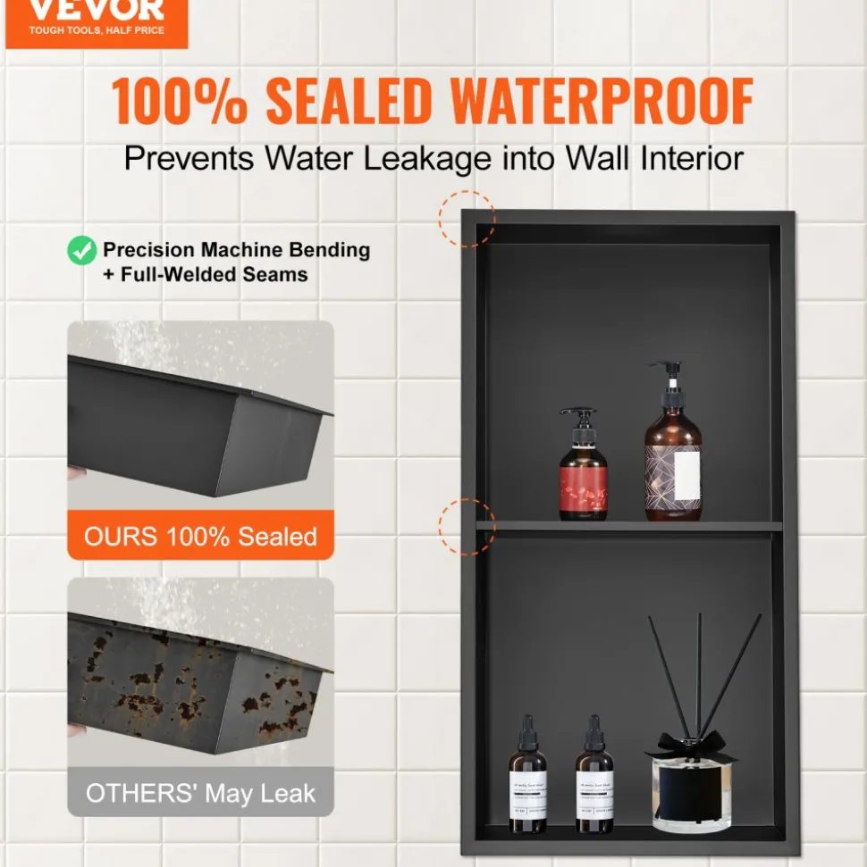 VEVOR 13"x25" No Tile Shower Niche 304 Stainless Steel, Wall-Inserted Niche Recessed Double Shelves, Sealed Waterproof Rust-Resistant Easy Cleaning Modern Niche for Shower or Soap Storage Bathroom