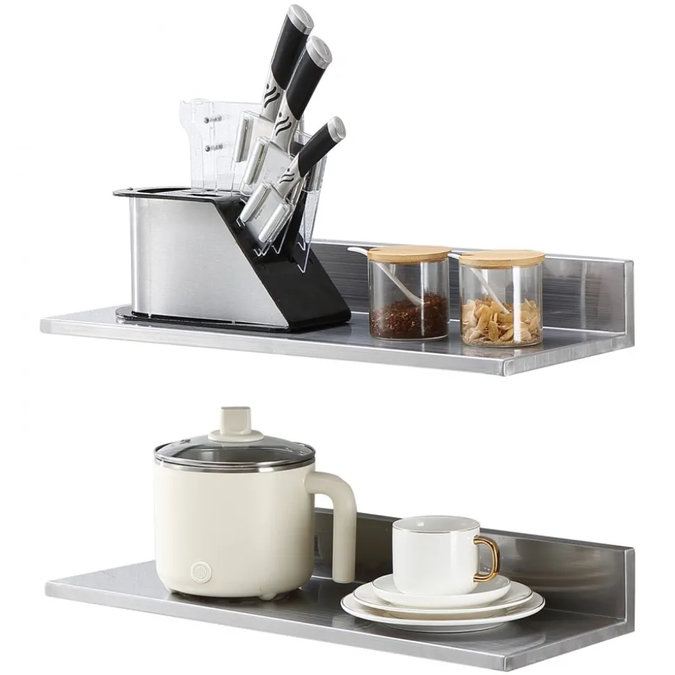 VEVOR 8.6" x 24" -2 Pack Stainless Steel Shelf, Wall Mounted Floating Shelving with Backsplash, 44 lbs Load Capacity Commercial Shelves, Heavy Duty Storage Rack for Restaurant, Kitchen, Bar, Home, and Hotel