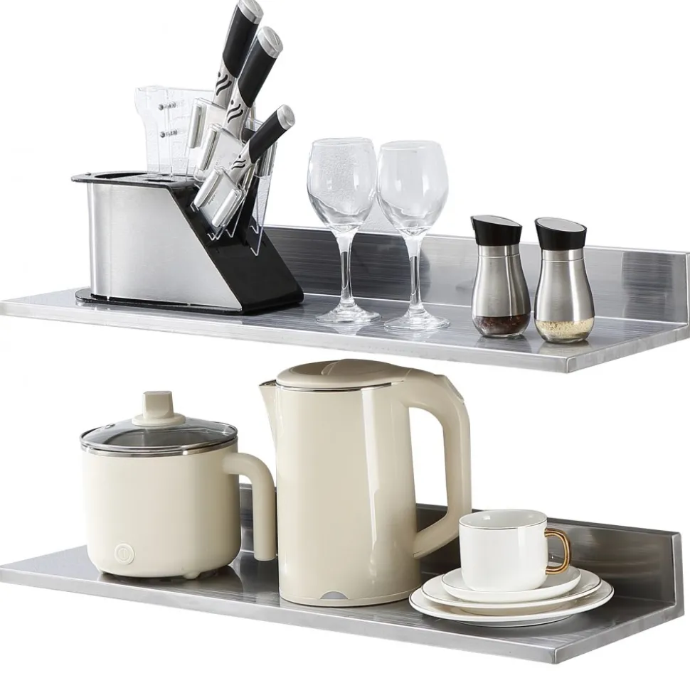 VEVOR 8.6" x 30" -2 Pack Stainless Steel Shelf, Wall Mounted Floating Shelving with Backsplash, 44 lbs Load Capacity Commercial Shelves, Heavy Duty Storage Rack for Restaurant, Kitchen, Bar, Home, and Hotel