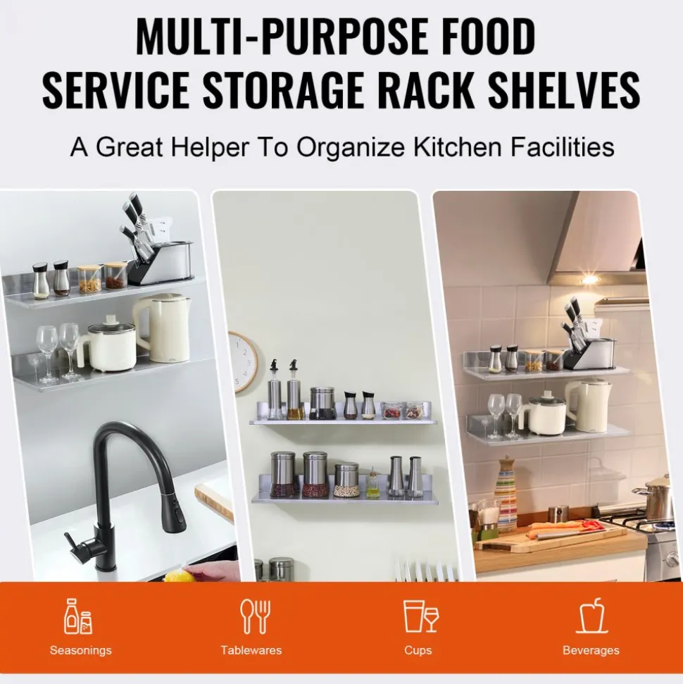 VEVOR 8.6" x 30" -2 Pack Stainless Steel Shelf, Wall Mounted Floating Shelving with Backsplash, 44 lbs Load Capacity Commercial Shelves, Heavy Duty Storage Rack for Restaurant, Kitchen, Bar, Home, and Hotel