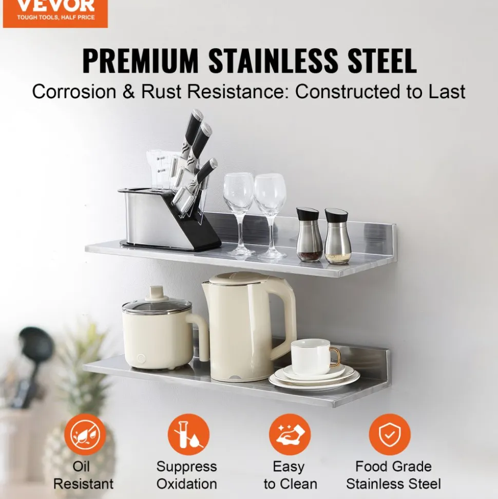 VEVOR 8.6" x 30" -2 Pack Stainless Steel Shelf, Wall Mounted Floating Shelving with Backsplash, 44 lbs Load Capacity Commercial Shelves, Heavy Duty Storage Rack for Restaurant, Kitchen, Bar, Home, and Hotel
