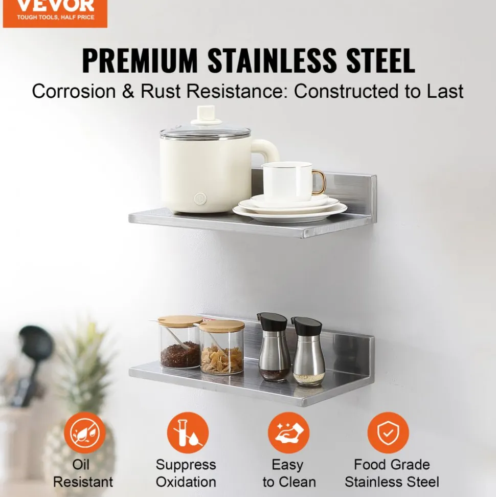 VEVOR 8.6" x 16" -2 Pack Stainless Steel Shelf, Wall Mounted Floating Shelving with Backsplash, 44 lbs Load Capacity Commercial Shelves, Heavy Duty Storage Rack for Restaurant, Kitchen, Bar, Home, and Hotel