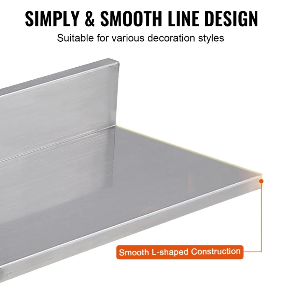 VEVOR 8.6" x 16" -2 Pack Stainless Steel Shelf, Wall Mounted Floating Shelving with Backsplash, 44 lbs Load Capacity Commercial Shelves, Heavy Duty Storage Rack for Restaurant, Kitchen, Bar, Home, and Hotel