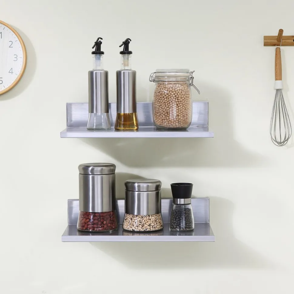 VEVOR 8.6" x 16" -2 Pack Stainless Steel Shelf, Wall Mounted Floating Shelving with Backsplash, 44 lbs Load Capacity Commercial Shelves, Heavy Duty Storage Rack for Restaurant, Kitchen, Bar, Home, and Hotel
