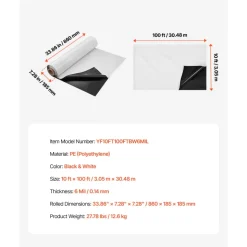 VEVOR 10' x 100' Plastic Sheeting Heavy Duty, 6 Mil Thick Plastic Sheeting Roll, Plastic Drop Cloth Painters Tarp Covering for Crawl Space Vapor Barrier, Black and White Double-Sided, Multi-Purpose