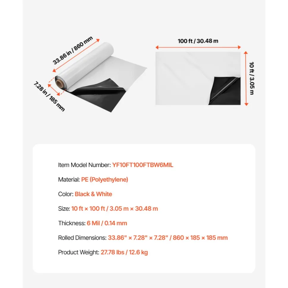 VEVOR 10' x 100' Plastic Sheeting Heavy Duty, 6 Mil Thick Plastic Sheeting Roll, Plastic Drop Cloth Painters Tarp Covering for Crawl Space Vapor Barrier, Black and White Double-Sided, Multi-Purpose