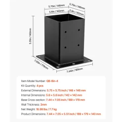 VEVOR 6x6 Post Base 4 Pcs, Inner Size 5.6x5.6 inch / 142x142 mm Post Brackets, Heavy Duty Carbon Steel Decking Posts, Wood Posts Brackets for Pavilion Deck Railing Support Deck Base Plate, Black