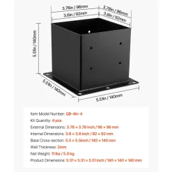 VEVOR 4x4 Post Base 4 Pcs, Inner Size 3.6x3.6 inch / 92x92 mm Post Brackets, Heavy Duty Carbon Steel Decking Posts, Wood Posts Brackets for Pavilion Deck Railing Support Deck Base Plate, Black