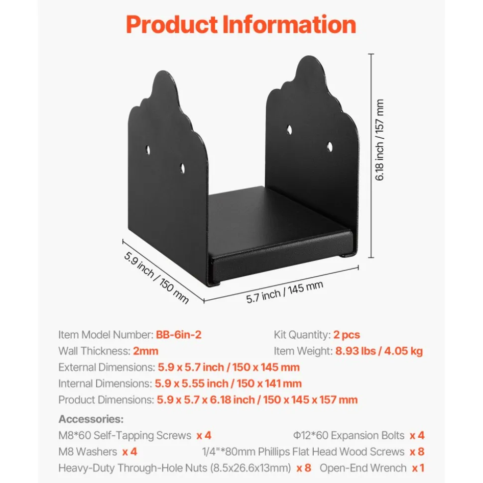 VEVOR 6x6 Post Base 4 Pcs, Inner Size 5.6"x5.6" Post Base Brackets, Heavy Duty Powder-Coated Post Anchor Matte Black Wood Post Brackets for Pavilion Deck Railing Support Deck Base Plate