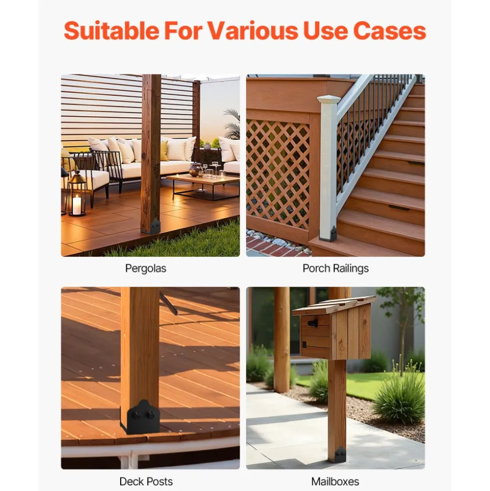 VEVOR 6x6 Post Base 4 Pcs, Inner Size 5.6"x5.6" Post Base Brackets, Heavy Duty Powder-Coated Post Anchor Matte Black Wood Post Brackets for Pavilion Deck Railing Support Deck Base Plate