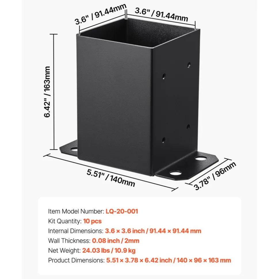 VEVOR 4x4 Post Base 10 Pcs, Inner Size 3.6x3.6 inch / 91.44x91.44 mm Post Brackets, Heavy Duty Carbon Steel Decking Posts, Wood Posts Brackets for Pavilion Deck Railing Support Deck Base Plate, Black