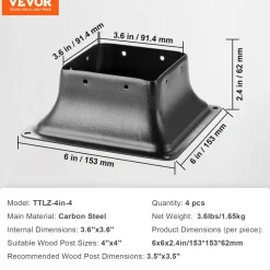 VEVOR 4x4 Post Base 4Pcs, Internal 3.6
