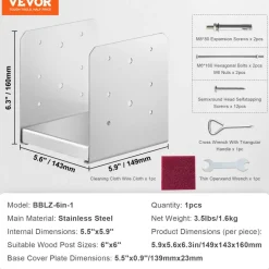 VEVOR 6"x 6" Post Base, 1Pcs Stainless Steel Adjustable Post Anchor Bracket(Internal 5.9 x 5.5"), Adjustable Post Base for Pavilion Deck Porch Handrail Railing Support Decorative Anchor Plate
