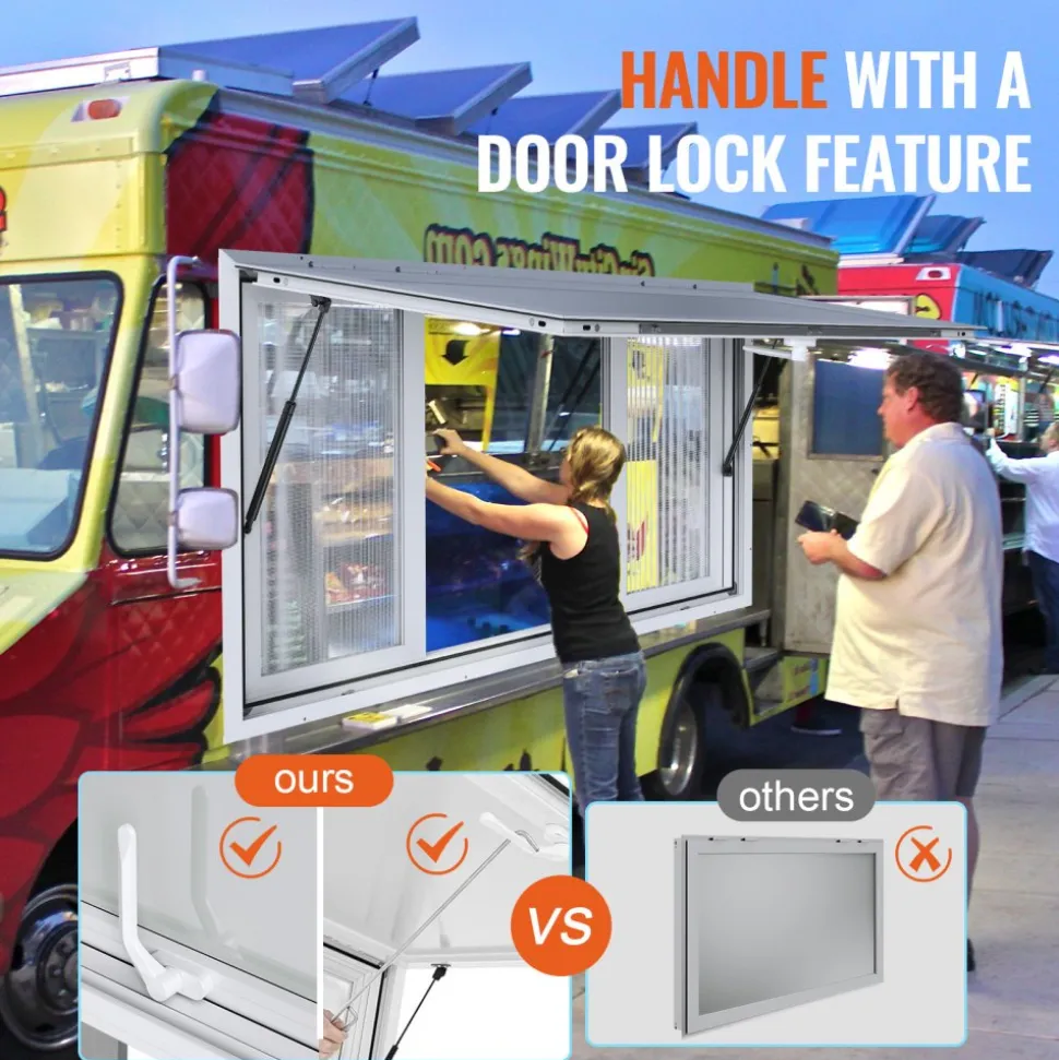 VEVOR 53"x33" Service Window, Aluminum Food Truck Serving Window with 4 Sliding Panels, Awning Door & Hook, Opens to 85 Degrees for Concession Trailers
