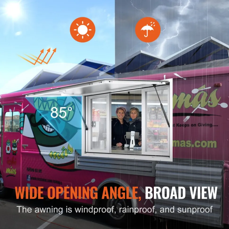 VEVOR 53"x33" Service Window, Aluminum Food Truck Serving Window with 4 Sliding Panels, Awning Door & Hook, Opens to 85 Degrees for Concession Trailers
