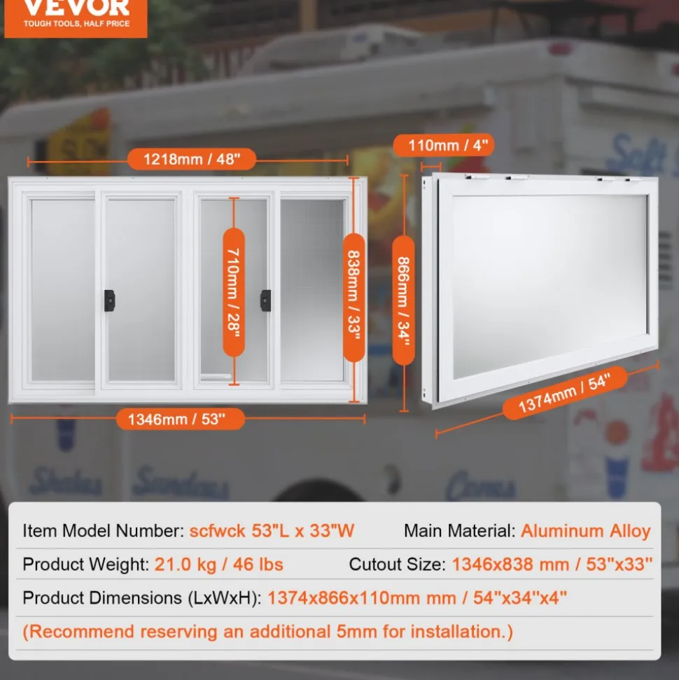 VEVOR 53"x33" Service Window, Aluminum Food Truck Serving Window with 4 Sliding Panels, Awning Door & Hook, Opens to 85 Degrees for Concession Trailers