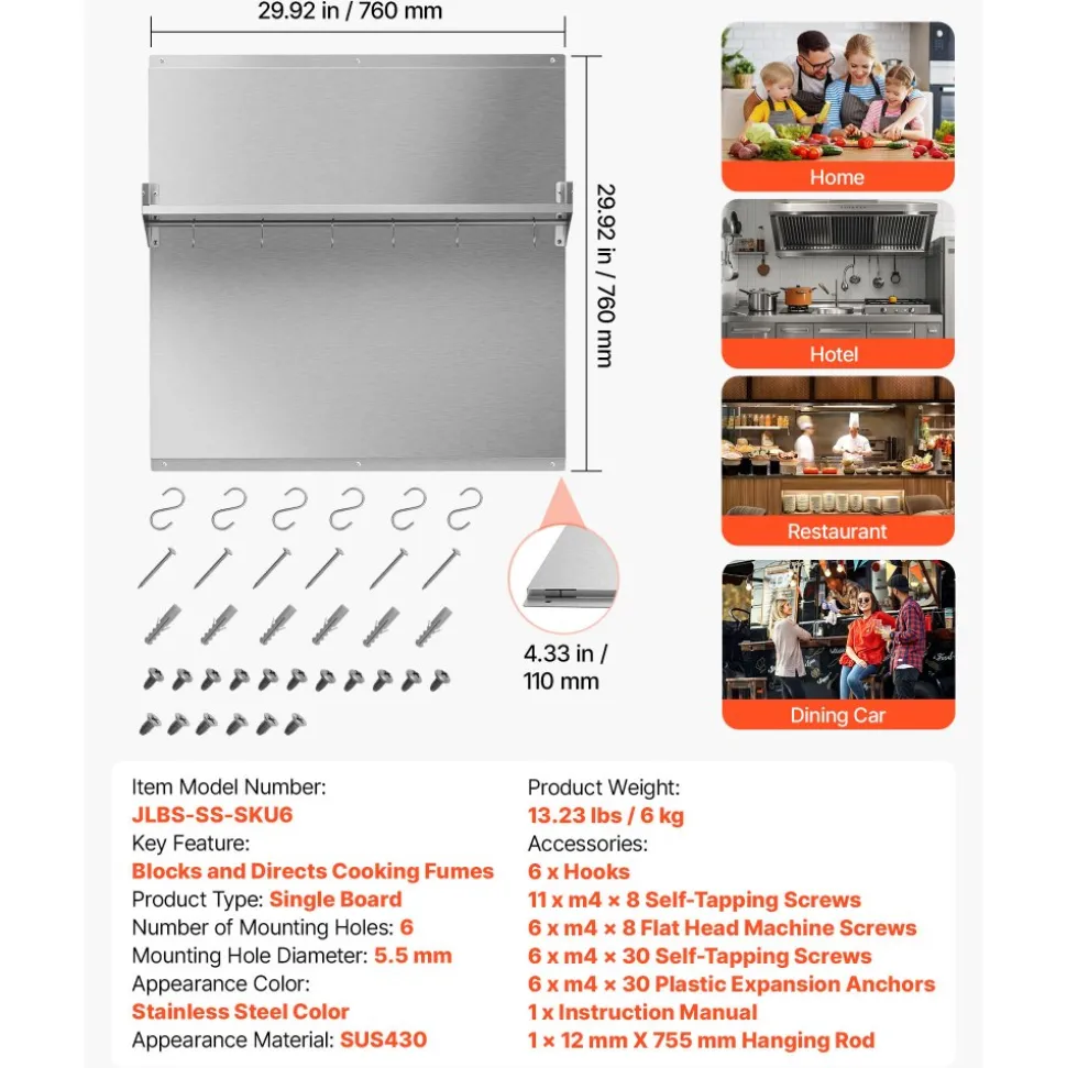 VEVOR 30" x 30" Stainless Steel Backsplash for Stove, Ultra Flat Splatter Guard with Storage Shelf & Hanging Rack, Wall Shield Range Hood Panel, Easy Clean, Pre-Drilled Holes for Easy Installation