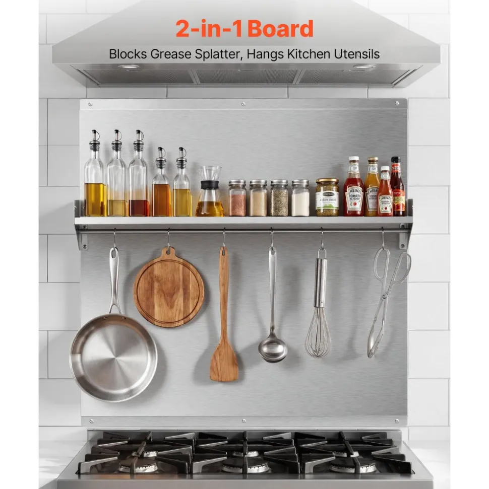VEVOR 30" x 30" Stainless Steel Backsplash for Stove, Ultra Flat Splatter Guard with Storage Shelf & Hanging Rack, Wall Shield Range Hood Panel, Easy Clean, Pre-Drilled Holes for Easy Installation