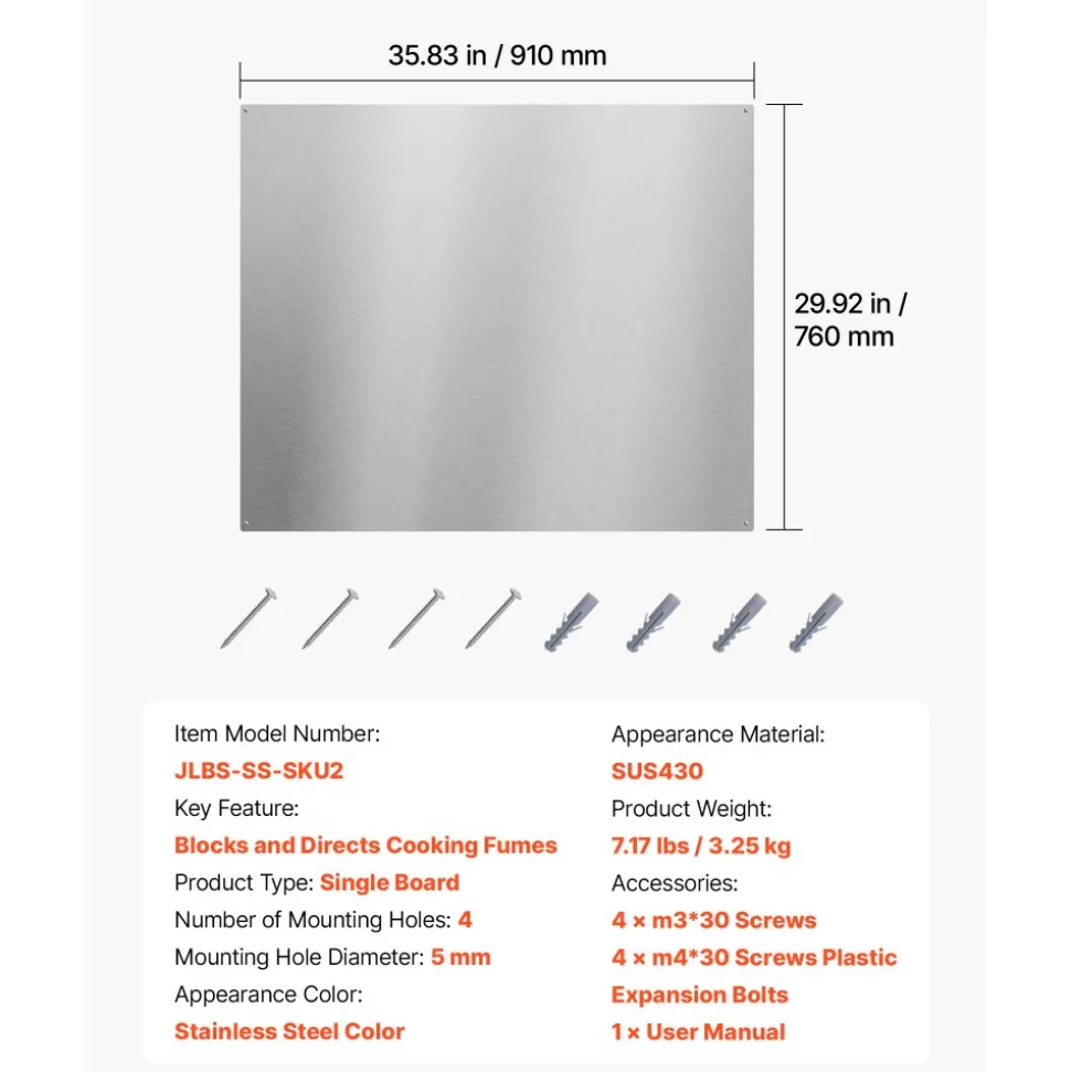 VEVOR 36" x 30" Stainless Steel Backsplash for Stove, Ultra Flat Splatter Guard, Wall Shield Range Hood Backsplash, Easy Clean Kitchen Wall Metal Panel, Pre-Drilled Holes for Easy Installation, Silver