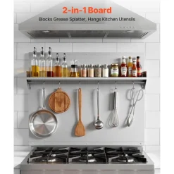 VEVOR 30" x 24" Stainless Steel Backsplash for Stove, Ultra Flat Splatter Guard with Storage Shelf & Hanging Rack, Wall Shield Range Hood Panel, Easy Clean, Pre-Drilled Holes for Easy Installation