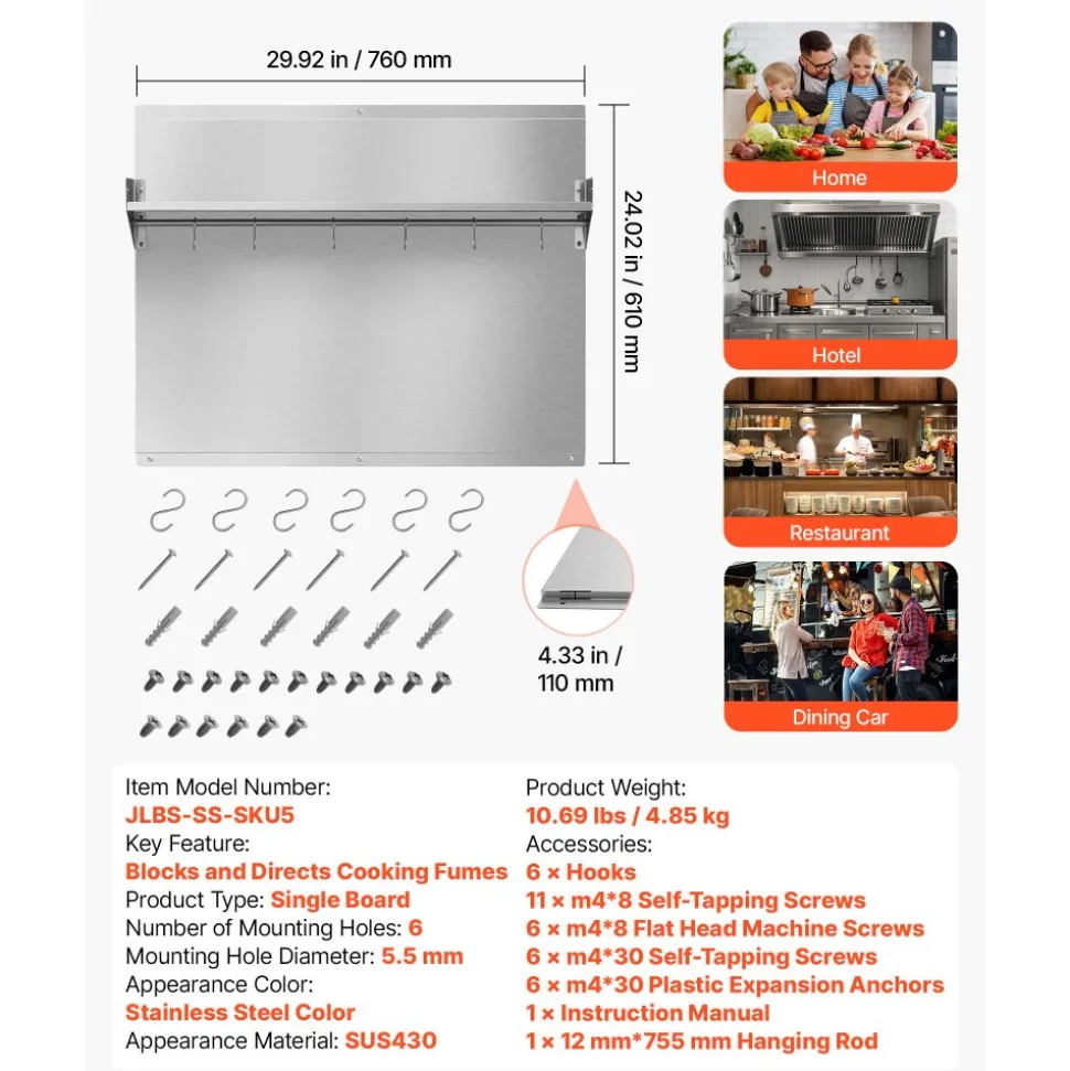 VEVOR 30" x 24" Stainless Steel Backsplash for Stove, Ultra Flat Splatter Guard with Storage Shelf & Hanging Rack, Wall Shield Range Hood Panel, Easy Clean, Pre-Drilled Holes for Easy Installation