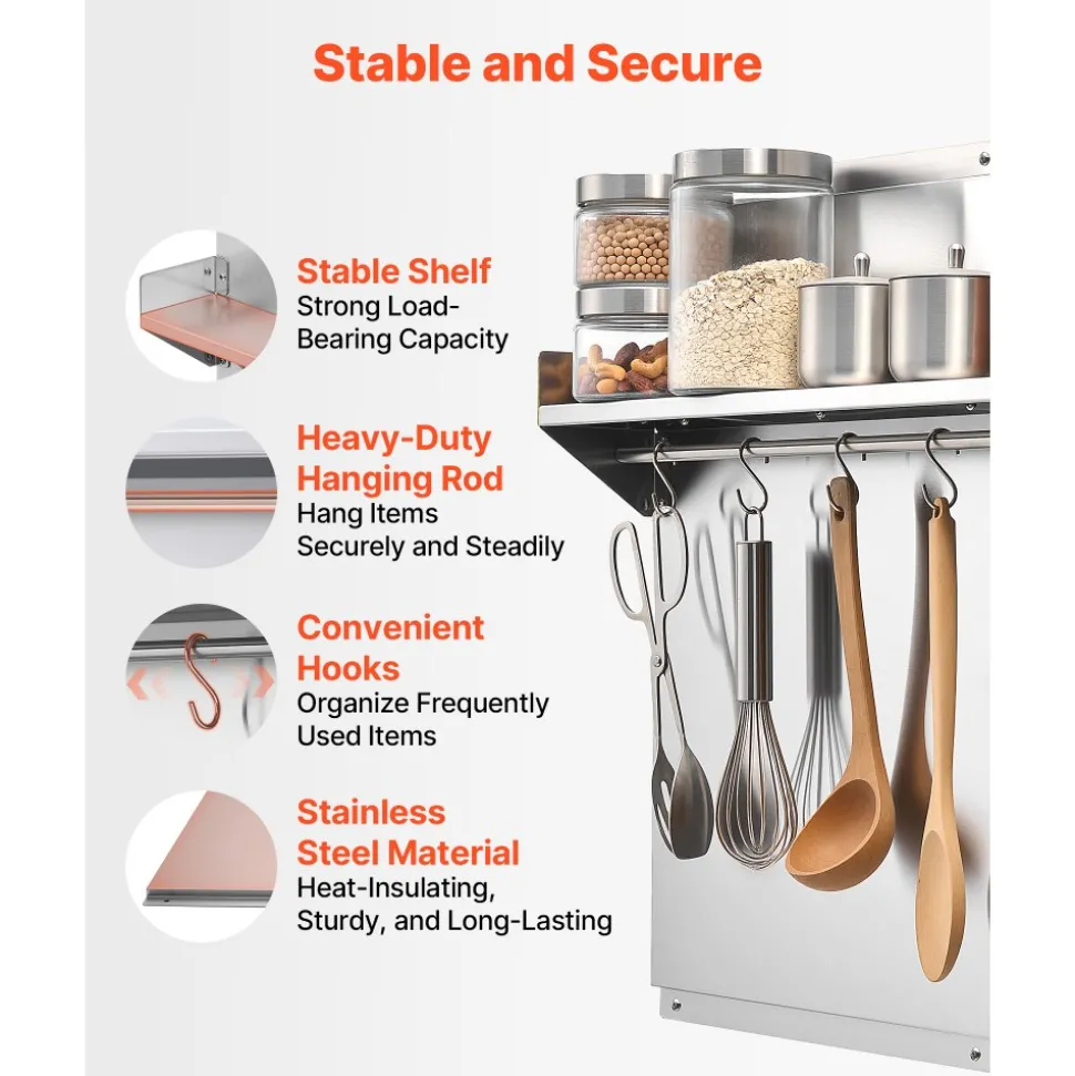 VEVOR 30" x 24" Stainless Steel Backsplash for Stove, Ultra Flat Splatter Guard with Storage Shelf & Hanging Rack, Wall Shield Range Hood Panel, Easy Clean, Pre-Drilled Holes for Easy Installation