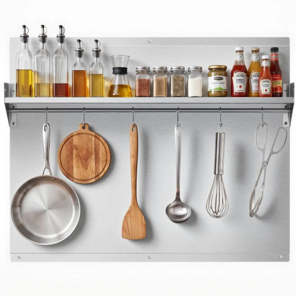 VEVOR 30" x 24" Stainless Steel Backsplash for Stove, Ultra Flat Splatter Guard with Storage Shelf & Hanging Rack, Wall Shield Range Hood Panel, Easy Clean, Pre-Drilled Holes for Easy Installation
