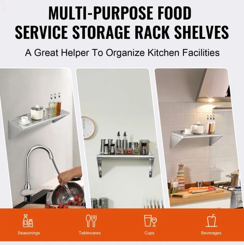 VEVOR 12" x 36" Stainless Steel Shelf, Wall Mounted Floating Shelving with Brackets, 250 lbs Load Capacity Commercial Shelves, Heavy Duty Storage Rack for Restaurant, Kitchen, Bar, Home, and Hotel