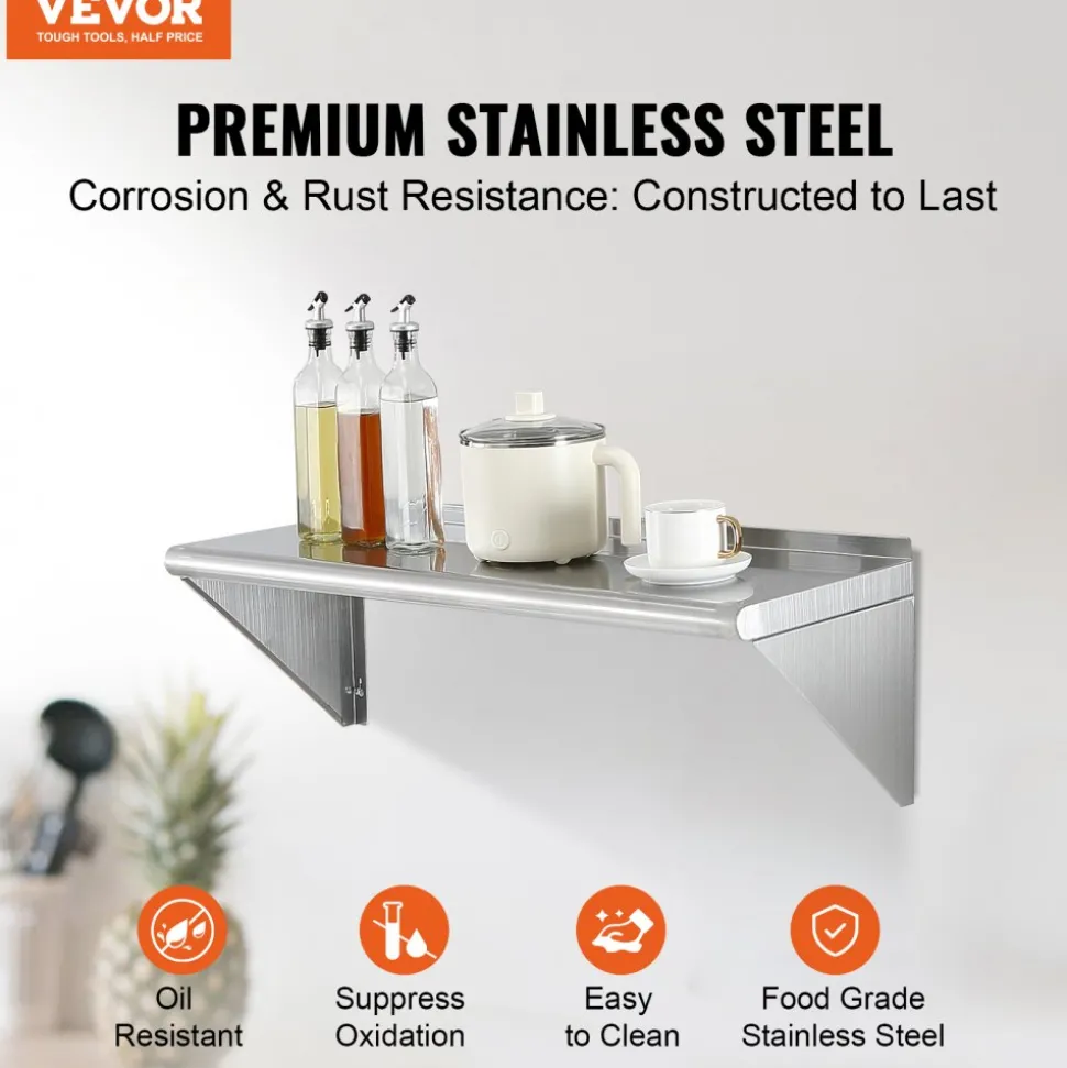 VEVOR 12" x 36" Stainless Steel Shelf, Wall Mounted Floating Shelving with Brackets, 250 lbs Load Capacity Commercial Shelves, Heavy Duty Storage Rack for Restaurant, Kitchen, Bar, Home, and Hotel