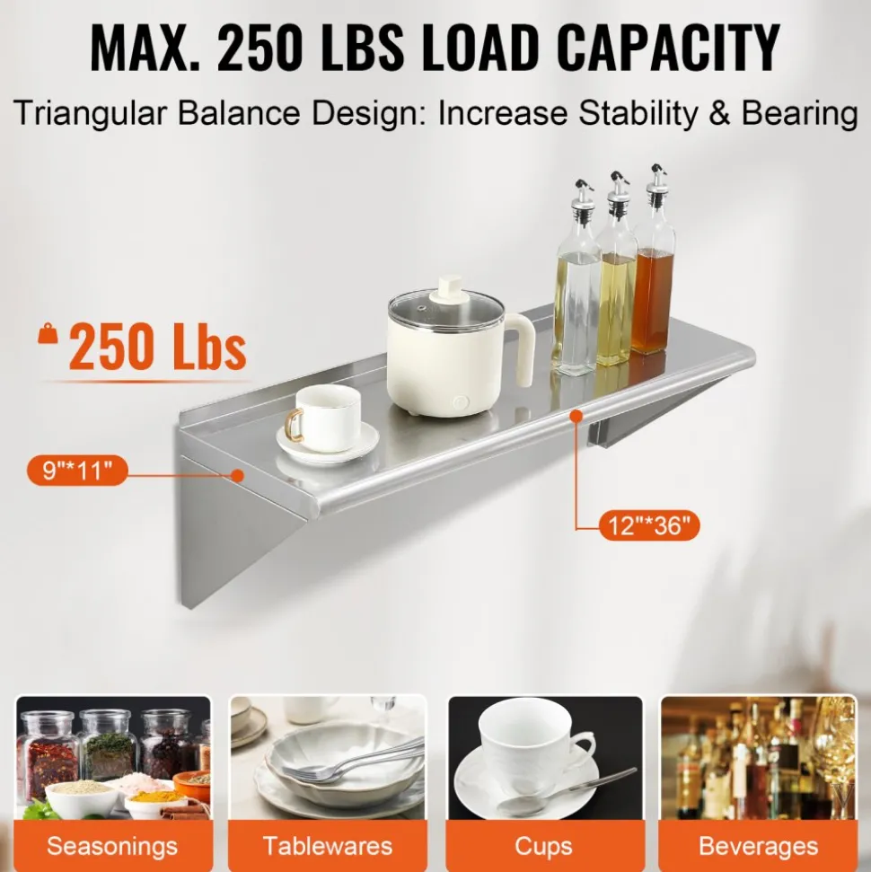 VEVOR 12" x 36" Stainless Steel Shelf, Wall Mounted Floating Shelving with Brackets, 250 lbs Load Capacity Commercial Shelves, Heavy Duty Storage Rack for Restaurant, Kitchen, Bar, Home, and Hotel