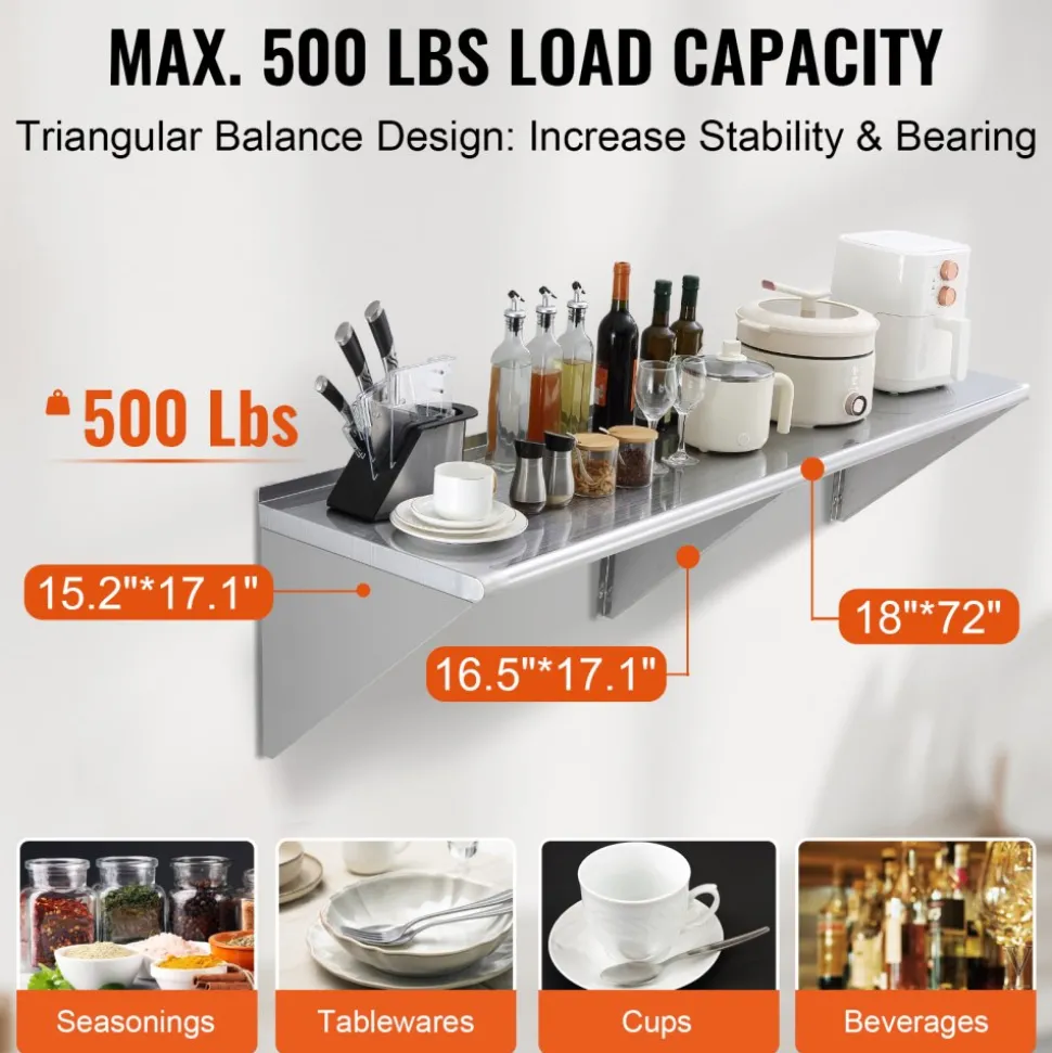 VEVOR 18" x 72" Stainless Steel Shelf, Wall Mounted Floating Shelving with Brackets, 500 lbs Load Capacity Commercial Shelves, Heavy Duty Storage Rack for Restaurant, Kitchen, Bar, Home, and Hotel