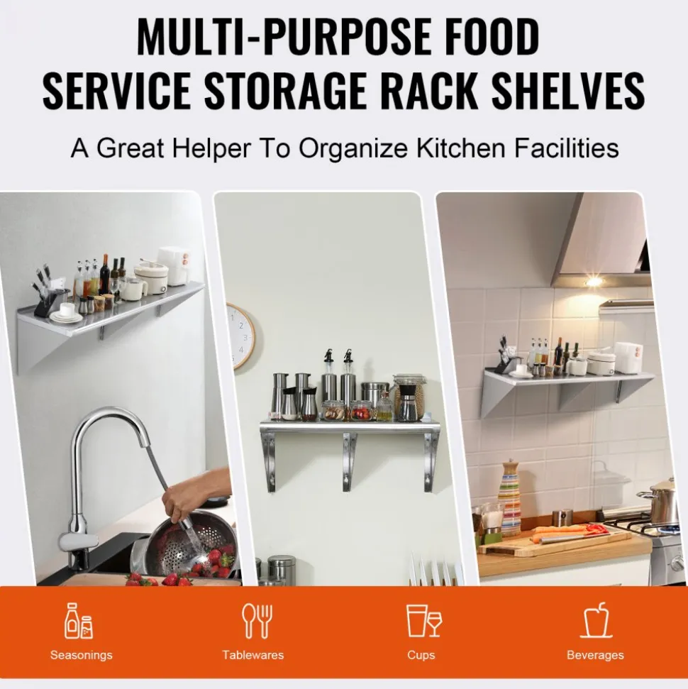 VEVOR 18" x 72" Stainless Steel Shelf, Wall Mounted Floating Shelving with Brackets, 500 lbs Load Capacity Commercial Shelves, Heavy Duty Storage Rack for Restaurant, Kitchen, Bar, Home, and Hotel