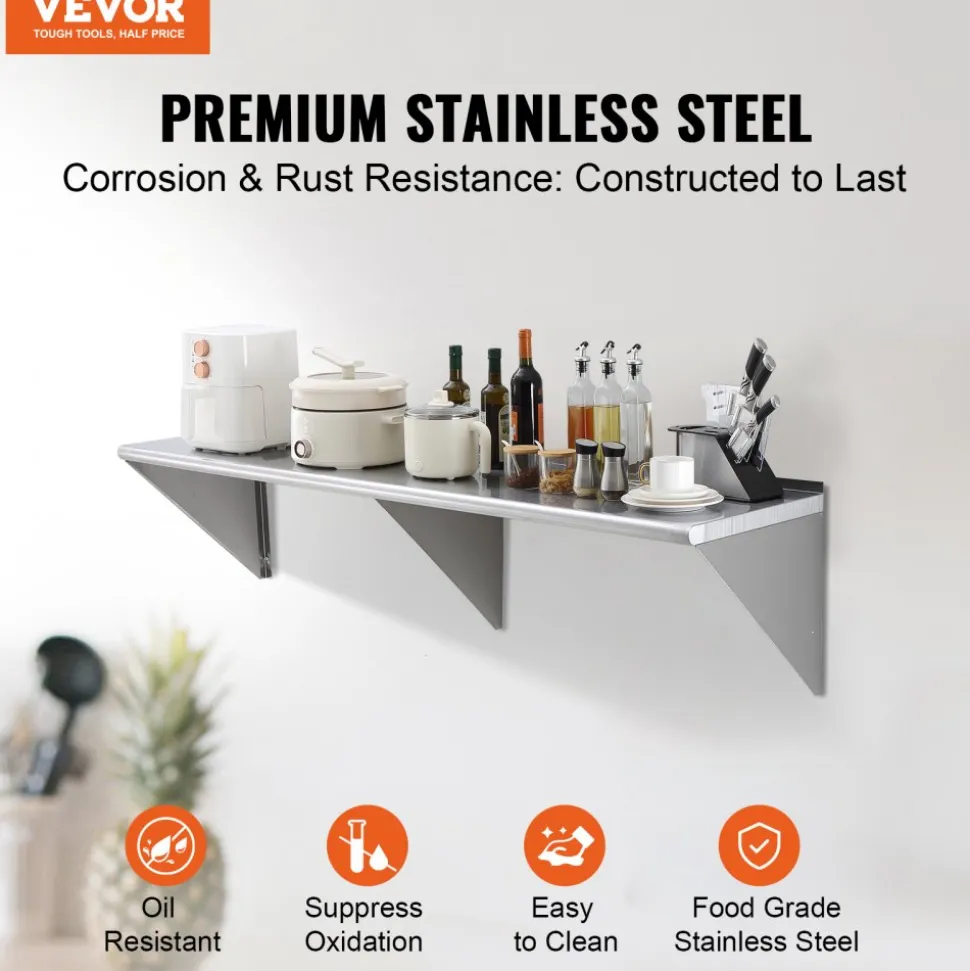 VEVOR 18" x 72" Stainless Steel Shelf, Wall Mounted Floating Shelving with Brackets, 500 lbs Load Capacity Commercial Shelves, Heavy Duty Storage Rack for Restaurant, Kitchen, Bar, Home, and Hotel