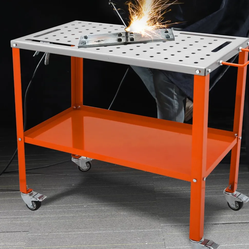 VEVOR 36" x 18" Welding Table, 1200lbs Load Capacity Steel Welding Workbench Table on Wheels, Portable Work Bench with Braking Lockable Casters, 4 Tool Slots, 5/8-inch Fixture Holes, Tool Tray