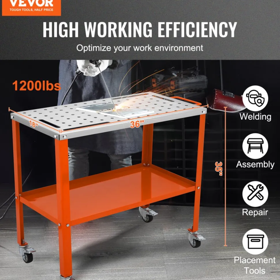 VEVOR 36" x 18" Welding Table, 1200lbs Load Capacity Steel Welding Workbench Table on Wheels, Portable Work Bench with Braking Lockable Casters, 4 Tool Slots, 5/8-inch Fixture Holes, Tool Tray