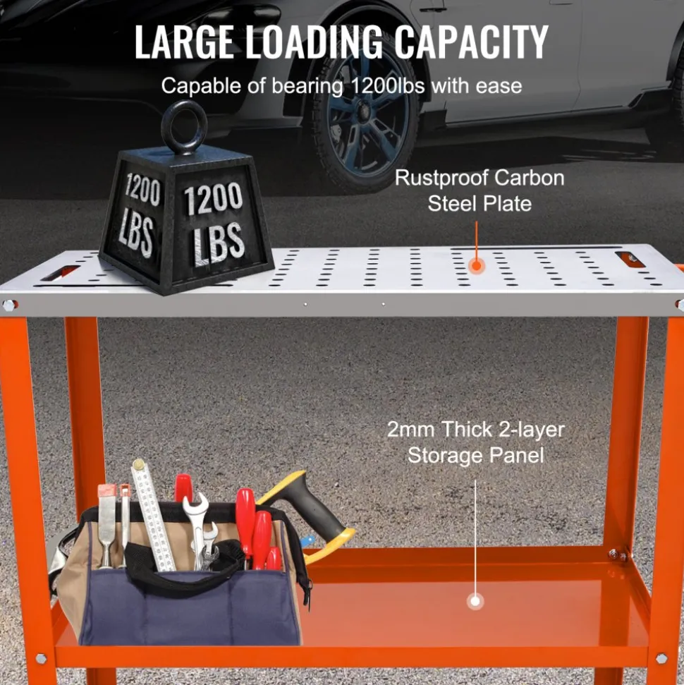VEVOR 36" x 18" Welding Table, 1200lbs Load Capacity Steel Welding Workbench Table on Wheels, Portable Work Bench with Braking Lockable Casters, 4 Tool Slots, 5/8-inch Fixture Holes, Tool Tray
