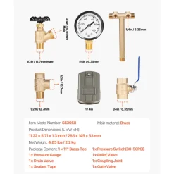 VEVOR 1" x 11" Well Pressure Tank Tee Kit, with 30/50PSI Switch, 8-Pieces Pure Brass Pressure Tank Installation Kit for Water Well, 1 in Gate Valve Included, Fit Most tanks with Diameter up to 16 in