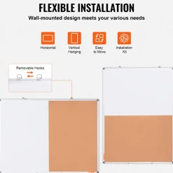 VEVOR 48"x 36" Whiteboard & Cork Board Combo with Aluminum Frame – 2-in-1 Magnetic Dry Erase Bulletin Board for Wall Mount – Ideal for School, Home, Office