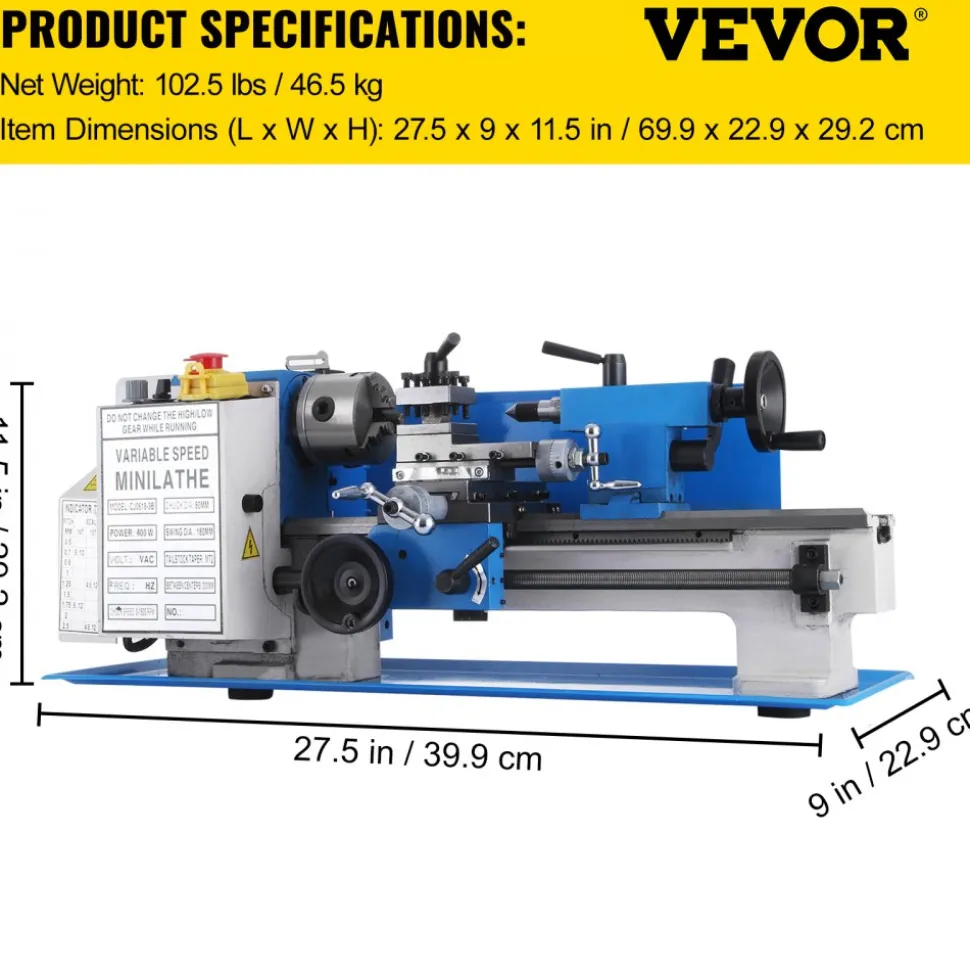 VEVOR 7x12" 400W Precision Mini Metal Lathe Variable Speed 2250RPM