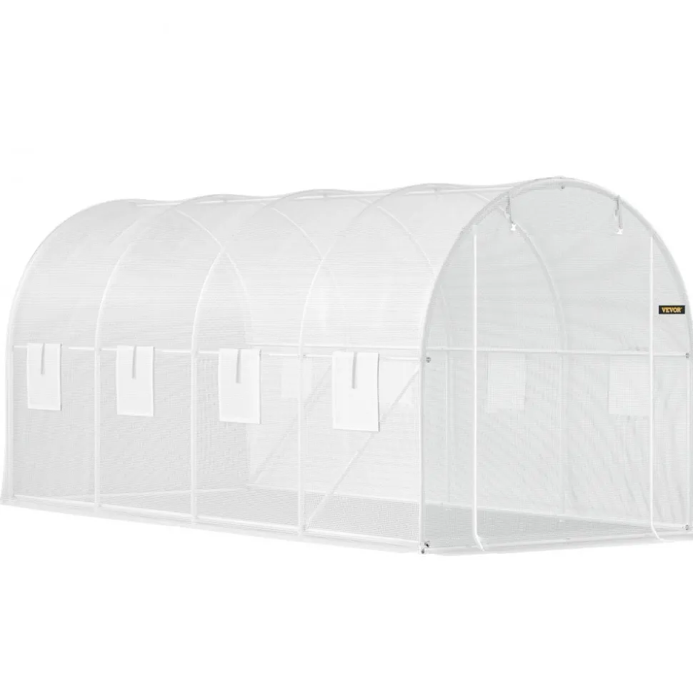 VEVOR 15 x 6.5 x 7 ft Walk-in Tunnel Greenhouse, Portable Plant Hot House with Galvanized Steel Hoops, 1 Top Beam, Diagonal Poles, Zippered Door & 8 Roll-up Windows, White