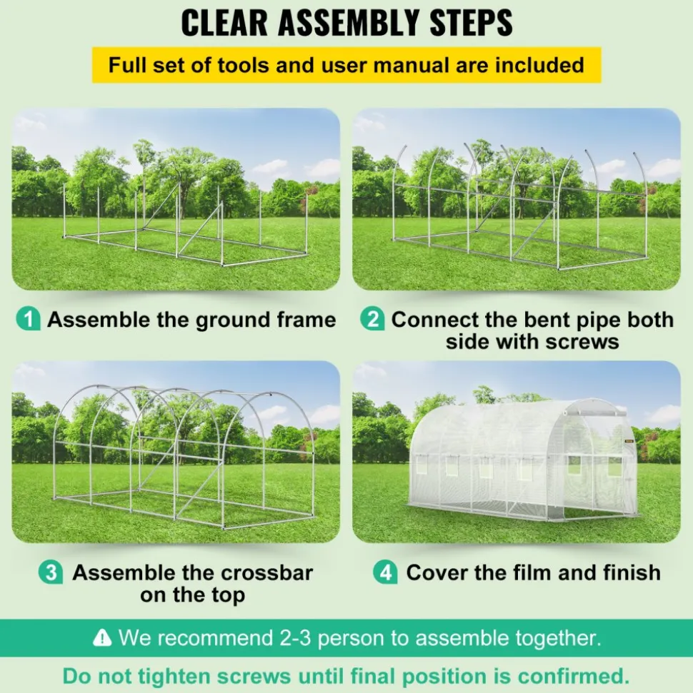 VEVOR 15 x 6.5 x 7 ft Walk-in Tunnel Greenhouse, Portable Plant Hot House with Galvanized Steel Hoops, 1 Top Beam, Diagonal Poles, Zippered Door & 8 Roll-up Windows, White