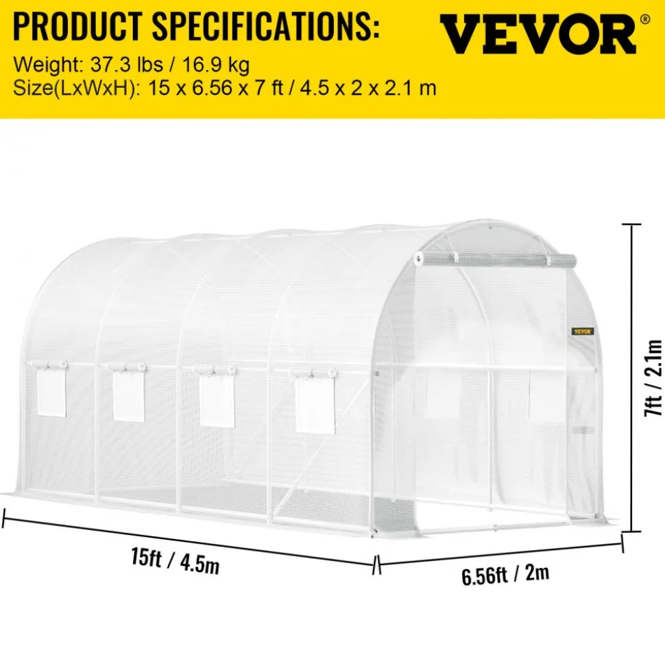 VEVOR 15 x 6.5 x 7 ft Walk-in Tunnel Greenhouse, Portable Plant Hot House with Galvanized Steel Hoops, 1 Top Beam, Diagonal Poles, Zippered Door & 8 Roll-up Windows, White