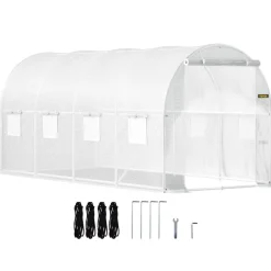 VEVOR 15 x 6.5 x 7 ft Walk-in Tunnel Greenhouse, Portable Plant Hot House with Galvanized Steel Hoops, 1 Top Beam, Diagonal Poles, Zippered Door & 8 Roll-up Windows, White